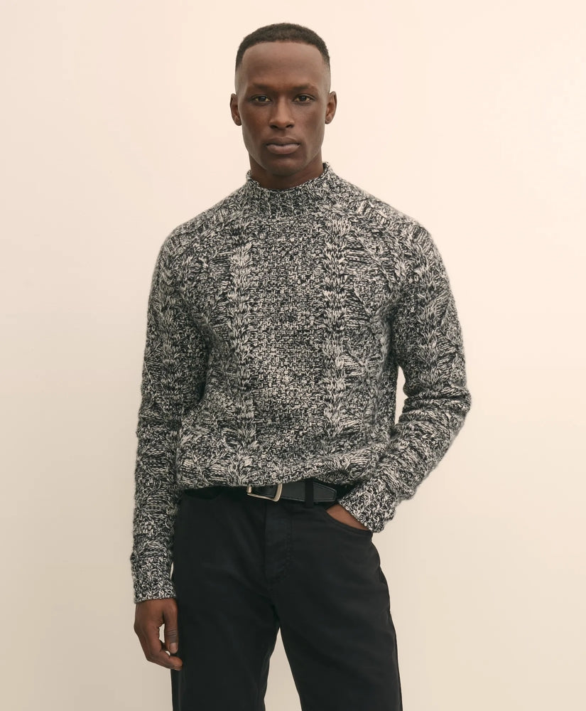 Merino Wool Aran Marled Mock Neck Sweater