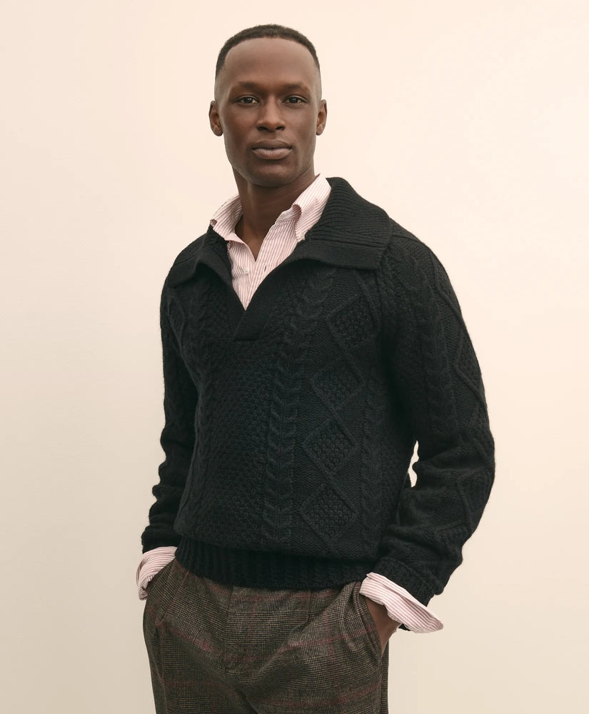 Merino Wool Johnny Collar Aran Sweater