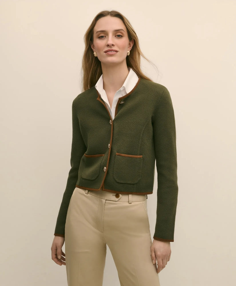 Brushed Merino Wool Suede Trim Sweater Jacket