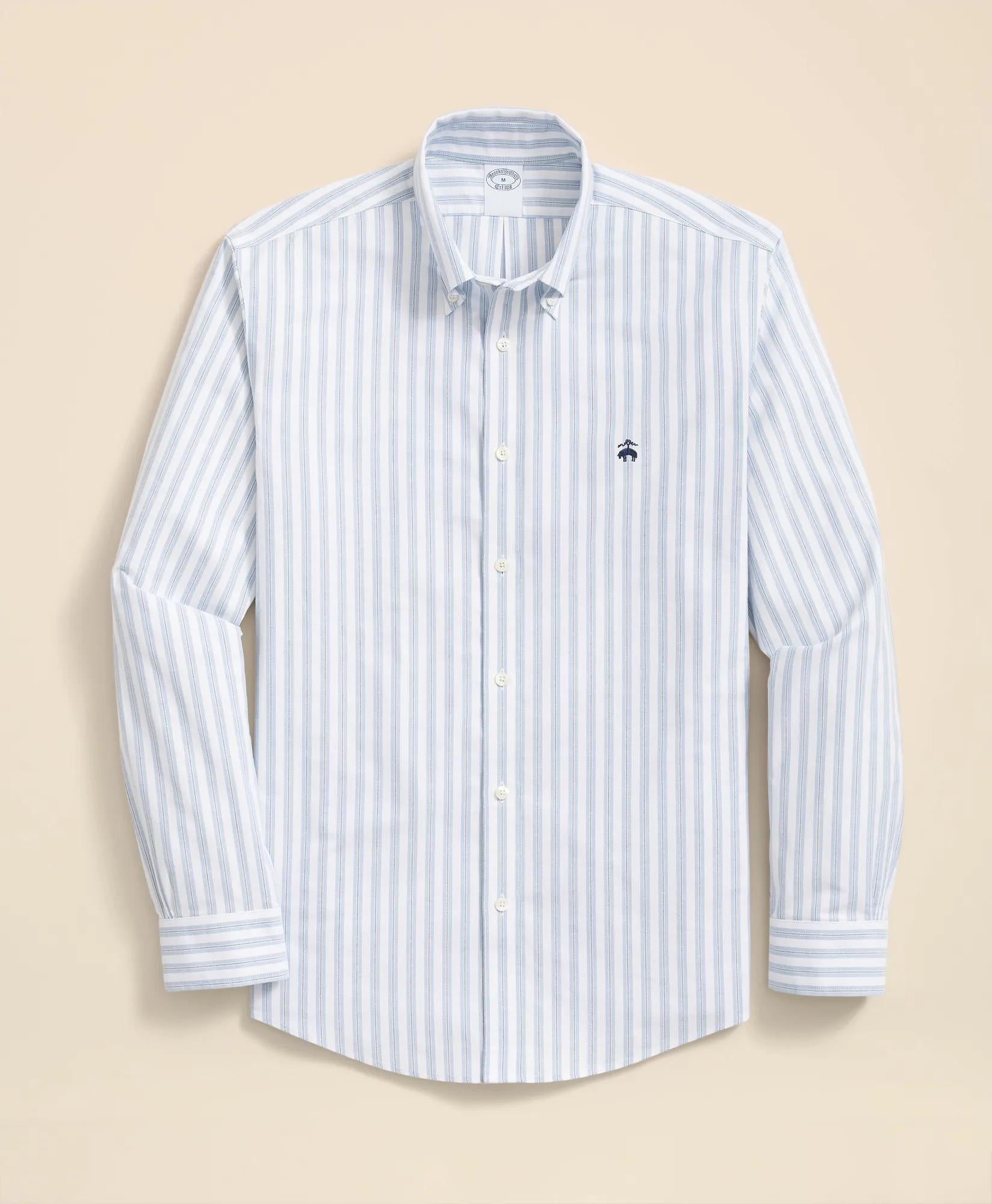 Stretch Cotton Non-Iron Oxford Polo Button Down Collar, Track Stripe Shirt